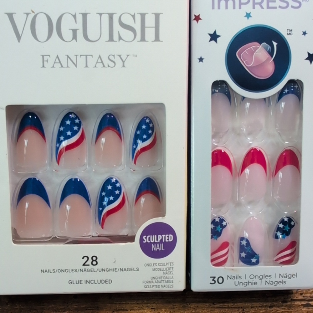 Kiss Voguish Fantasy & ImPRESS Medium Almond Press On Nails Patriotic 2 Pack - Picture 3 of 4